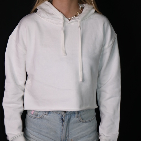 WHITE COTTON CROPPED HOODIE SWEATSHIRT - Picture 1 of 4